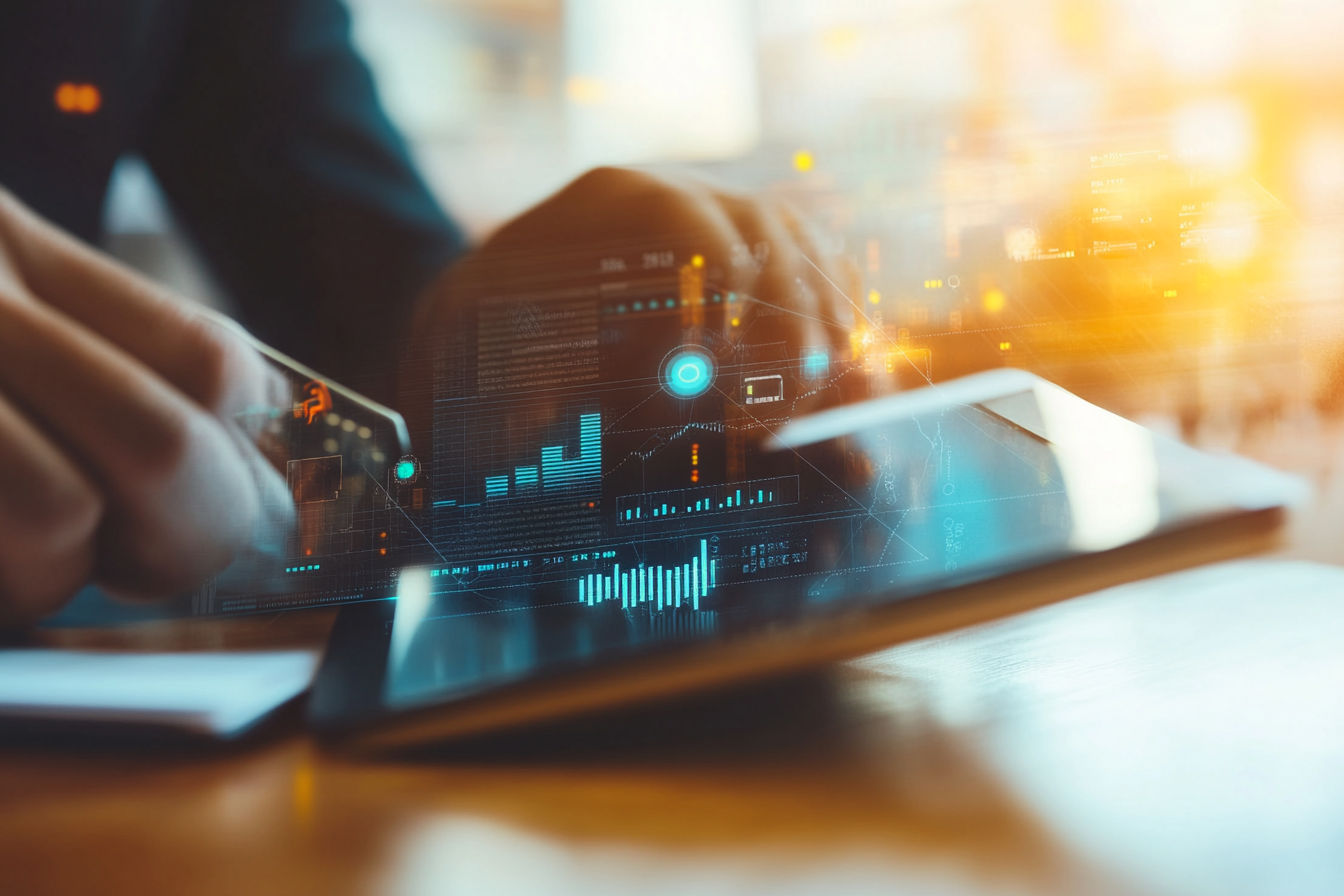 Hand hält eine Kreditkarte vor einem Tablet, überlagert mit digitalen Finanzdiagrammen und Datenanalysen – Symbol für sichere Online-Transaktionen und digitale Wirtschaft.