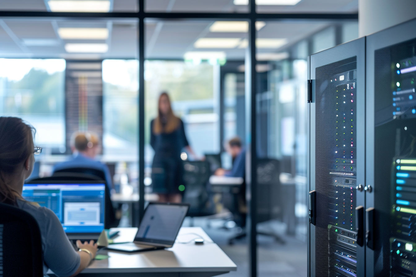 Modernes Büro mit mehreren Mitarbeitern, die an Laptops arbeiten, im Vordergrund ein Serverschrank mit leuchtenden Netzwerkverbindungen – Darstellung einer sicheren IT-Infrastruktur.