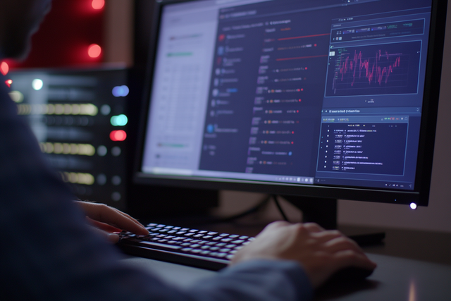 IT-Spezialist arbeitet an einem Bildschirm mit komplexen Datenanalysen und Systemprotokollen in einem dunklen, technikfokussierten Arbeitsumfeld.