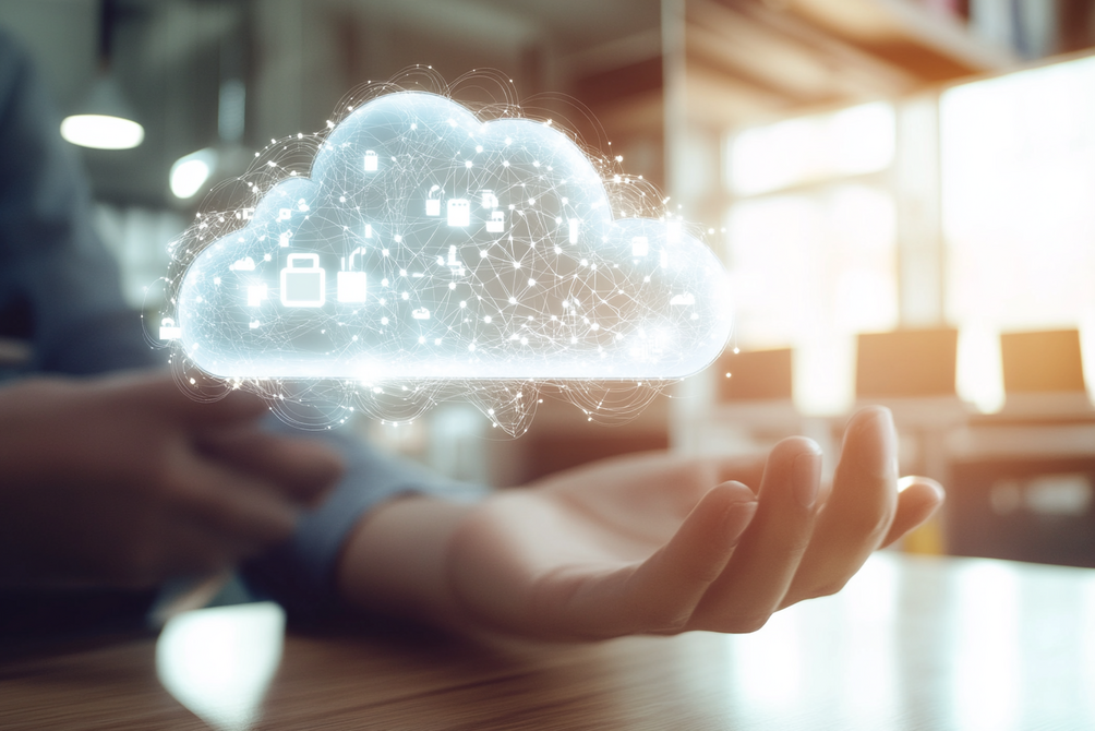 Schwebende digitale Wolke mit vernetzten Symbolen, die über der ausgestreckten Hand einer Person erscheint – Darstellung von Cloud-Technologie und Datenmanagement.