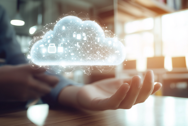 Schwebende digitale Wolke mit vernetzten Symbolen, die über der ausgestreckten Hand einer Person erscheint – Darstellung von Cloud-Technologie und Datenmanagement.